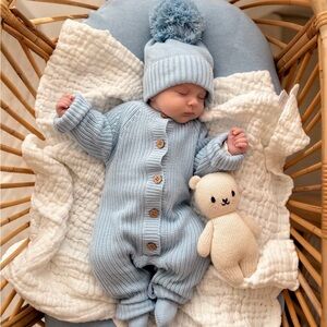 Luna + Luca Classic Chunky Knit Jumpsuit: Powder Blue, Organic Cotton
